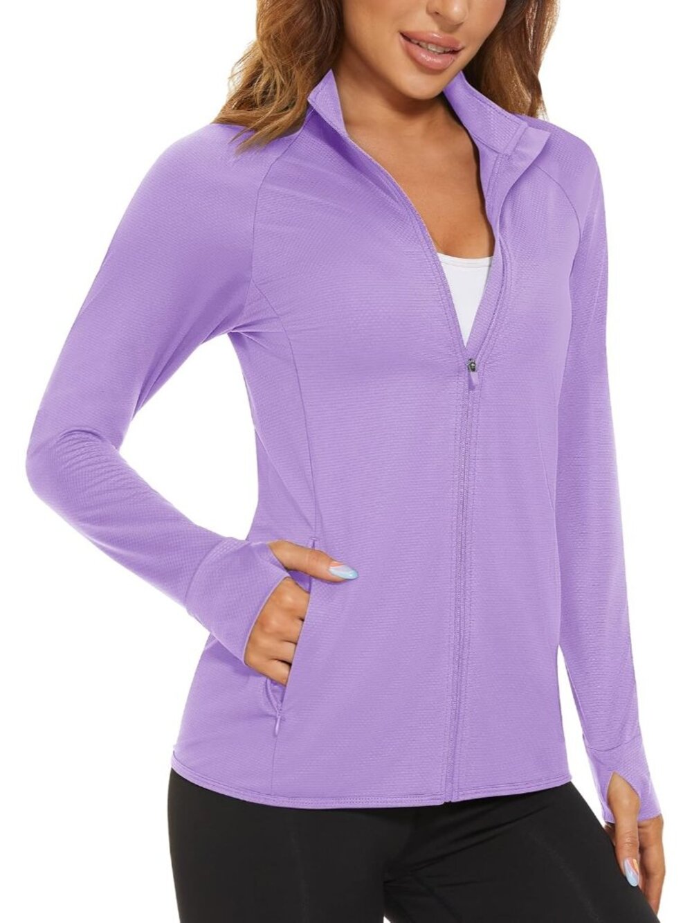 Women's Light Purple Full-zip High Neck Side Pockets Long Sleeve Athletic Jacket